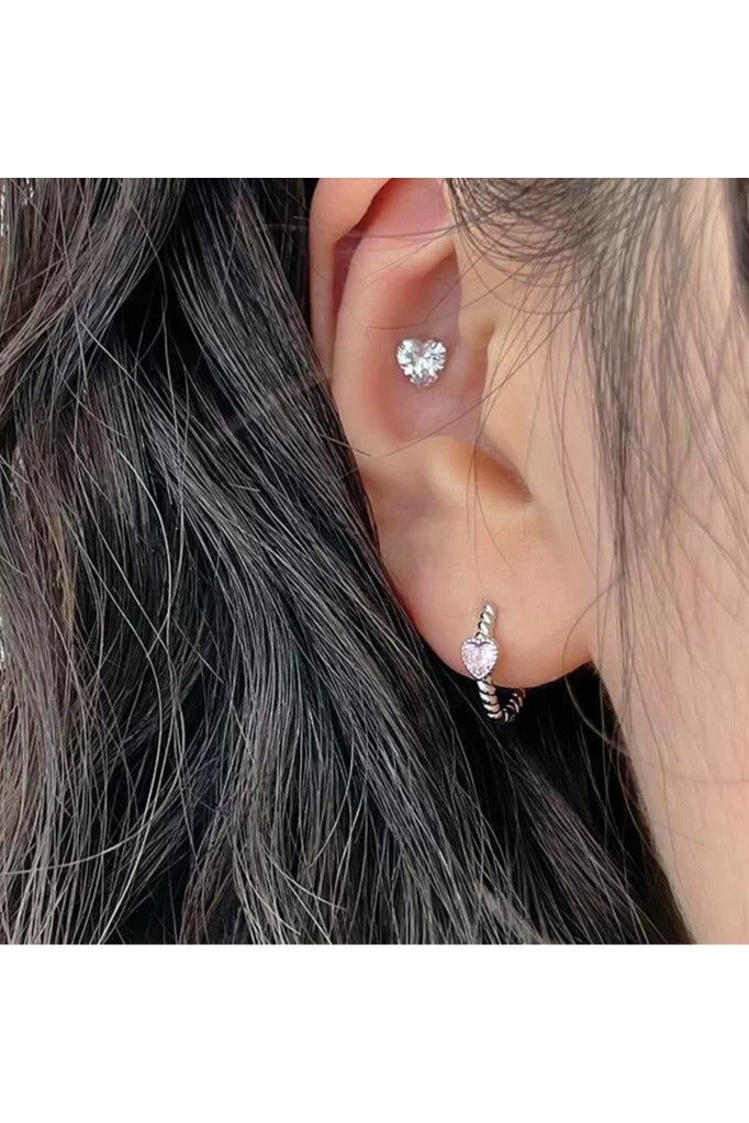 جلوسكي Pink Heart Zircon Twist Hoop Earrings – Dainty Small Huggie Ear Cuffs, Unique Braided Design, Trendy Helix Stud - Image 2
