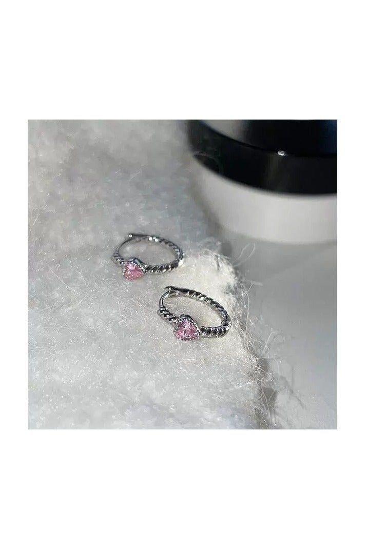 جلوسكي Pink Heart Zircon Twist Hoop Earrings – Dainty Small Huggie Ear Cuffs, Unique Braided Design, Trendy Helix Stud - Image 5
