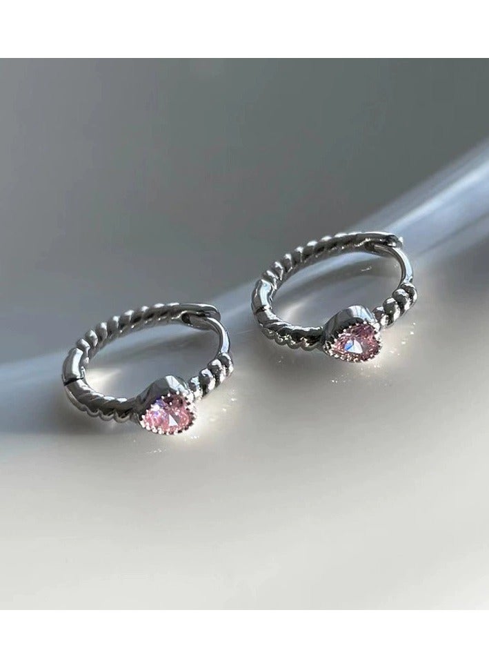 جلوسكي Pink Heart Zircon Twist Hoop Earrings – Dainty Small Huggie Ear Cuffs, Unique Braided Design, Trendy Helix Stud - Image 1