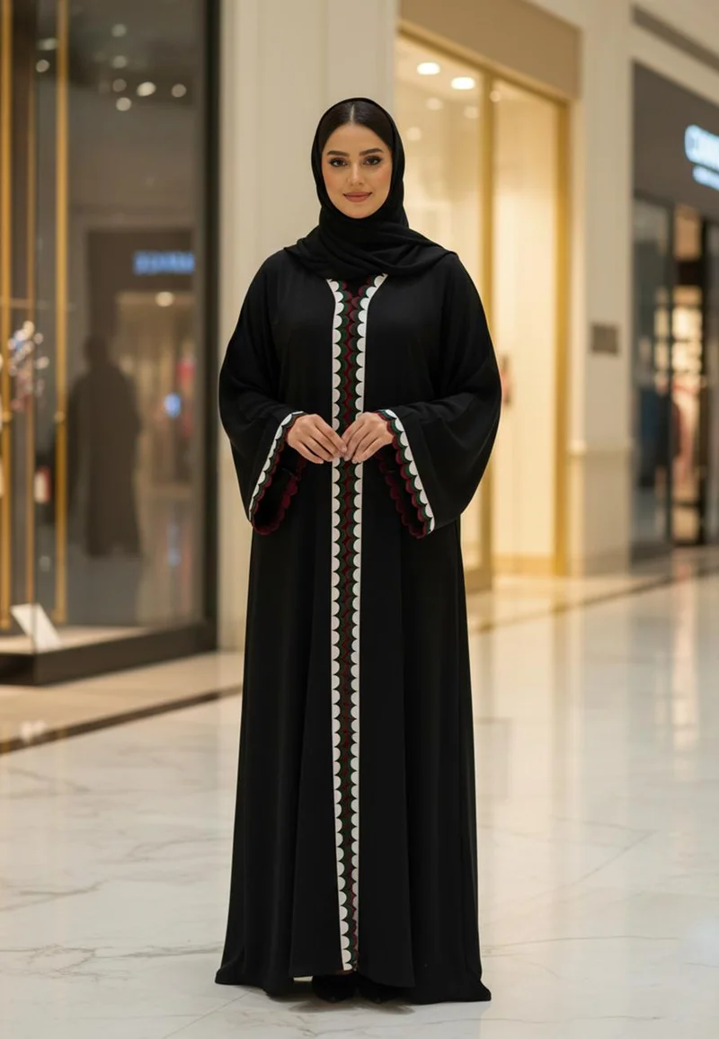 Black Nida Abaya with UAE Flag Color Scallop Trim | Nida Fabric-803