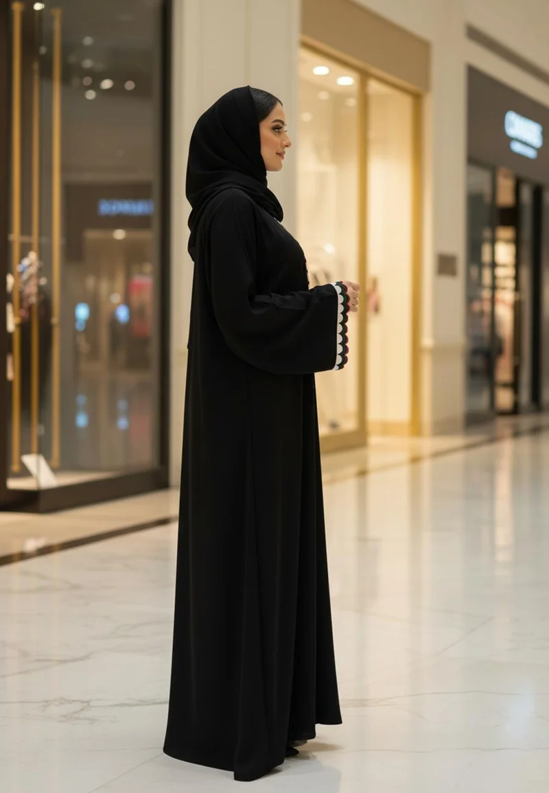 Nukhbaa  Black Nida Abaya with UAE Flag Color Scallop Trim | Nida Fabric-803 for Women | Best Price UAE