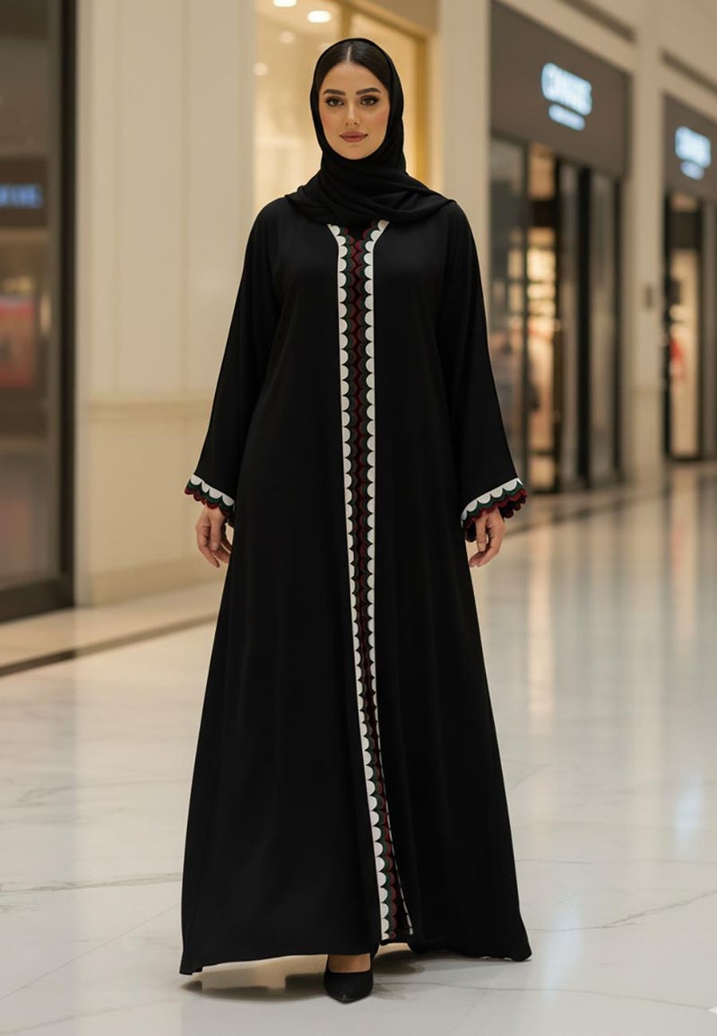 NUKHBAA Black Nida Abaya with UAE Flag Color Scallop Trim | Nida Fabric-803 - Image 2
