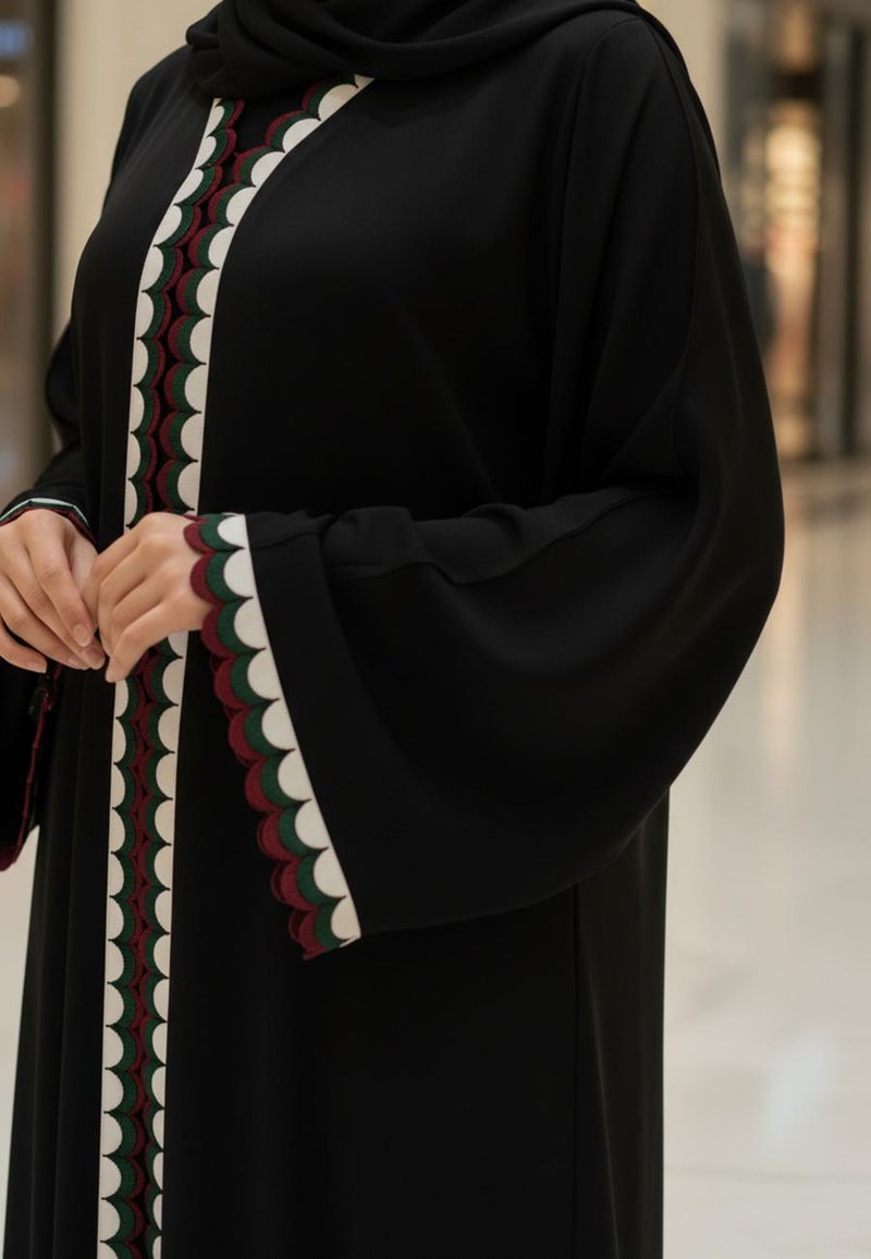 NUKHBAA Black Nida Abaya with UAE Flag Color Scallop Trim | Nida Fabric-803 - Image 3