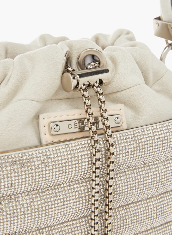 Celeste Womens Stone Embellished Sling Bag With Metallic Drawstring Closure  - Image 4
