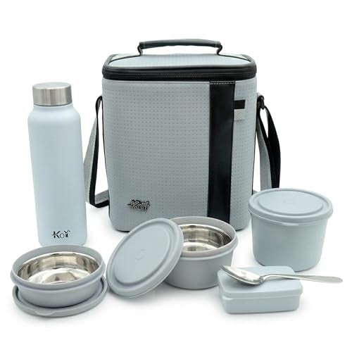 KOI Luxe Stainless Steel Tiffen Box for Office Set | Insulated Bag & Plastic Pickle Box 180ml | 3 Office Lunch Box 290x450x600ml & Water Bottle 750ml | Grey - Image 1
