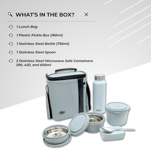 KOI Luxe Stainless Steel Tiffen Box for Office Set | Insulated Bag & Plastic Pickle Box 180ml | 3 Office Lunch Box 290x450x600ml & Water Bottle 750ml | Grey - Image 3