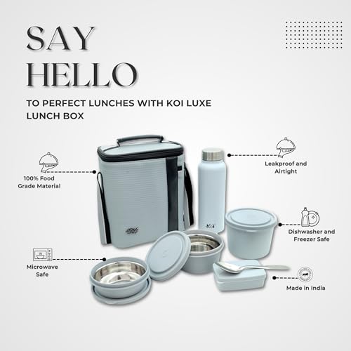 KOI Luxe Stainless Steel Tiffen Box for Office Set | Insulated Bag & Plastic Pickle Box 180ml | 3 Office Lunch Box 290x450x600ml & Water Bottle 750ml | Grey - Image 2