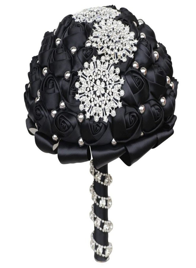 Gkvszy Black Bridal Wedding Bouquet with Luxury Bling Rhinestone Brooch Pearls Satin Rose Flower Bouquet for Bride Bridesmaid Quinceanera Bouquet Wedding Black 7.1in - Image 2