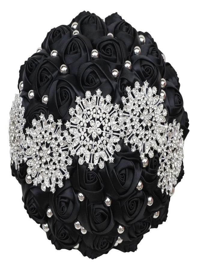 Gkvszy Black Bridal Wedding Bouquet with Luxury Bling Rhinestone Brooch Pearls Satin Rose Flower Bouquet for Bride Bridesmaid Quinceanera Bouquet Wedding Black 7.1in - Image 1
