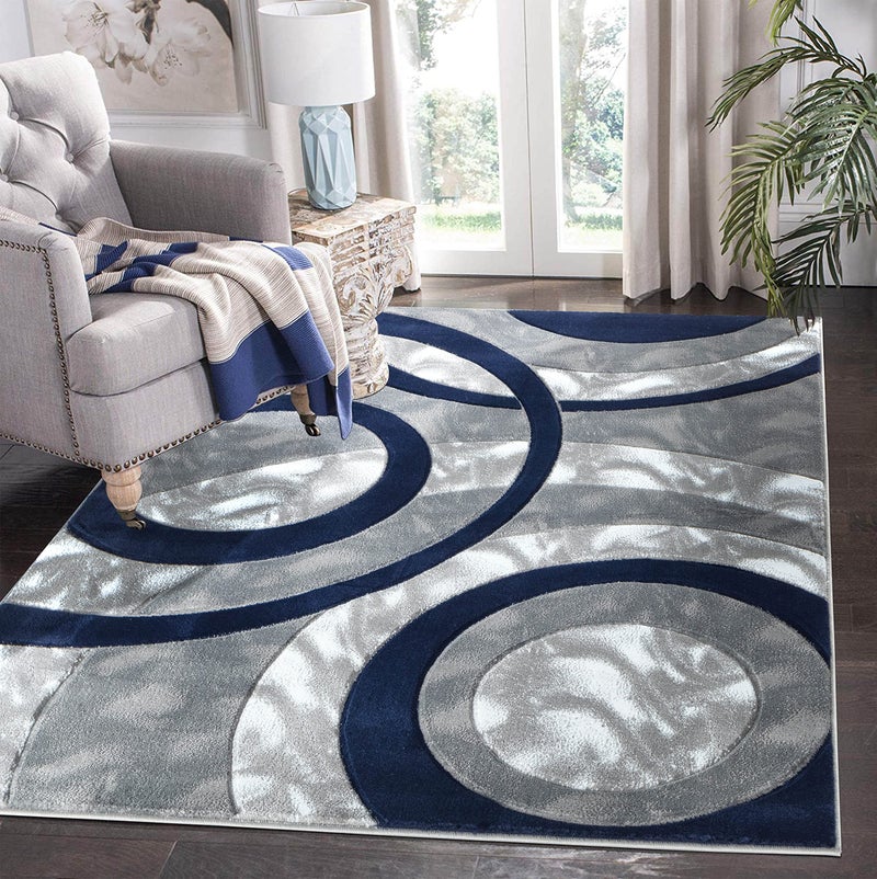 GLORY RUGS Area Rug Modern 5x7 Navy Circles Geometry Soft Hand Carved Contemporary Floor Carpet Fluffy Texture for Indoor Living Dining Room and Bedroom Area - Image 1