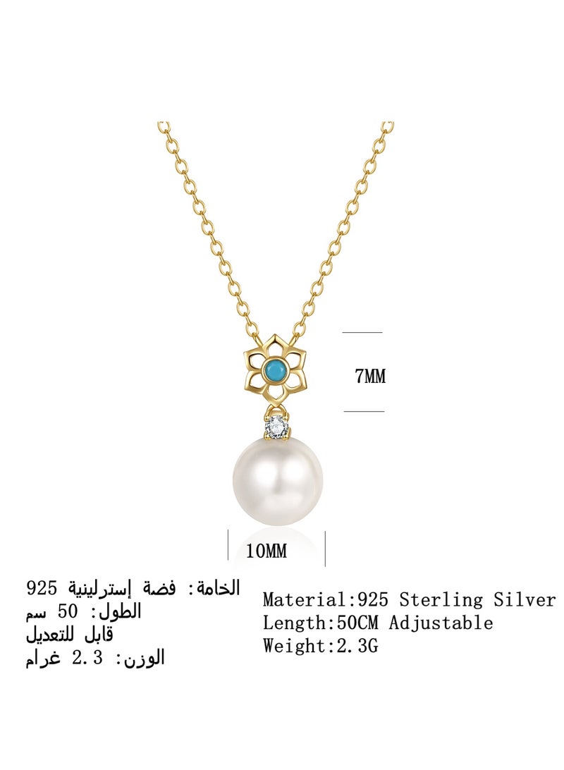 Moonmory 925 Sterling Silver Women's Necklace with Islamic Flower Design Turquoise Pearl Pendant 18K Gold Plated with 50cm Adjustable Chain, Ramadan, Mother's Day, Valentine's Day Gift - Image 2