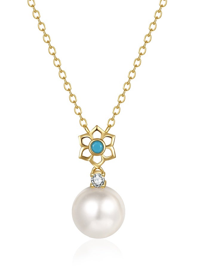 Moonmory 925 Sterling Silver Women's Necklace with Islamic Flower Design Turquoise Pearl Pendant 18K Gold Plated with 50cm Adjustable Chain, Ramadan, Mother's Day, Valentine's Day Gift - Image 1