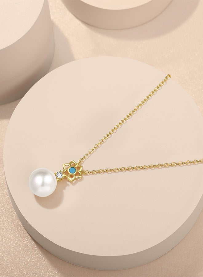 Moonmory 925 Sterling Silver Women's Necklace with Islamic Flower Design Turquoise Pearl Pendant 18K Gold Plated with 50cm Adjustable Chain, Ramadan, Mother's Day, Valentine's Day Gift - Image 3