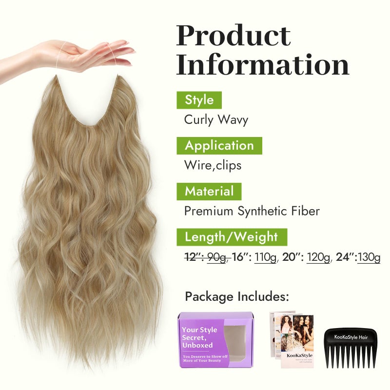 KooKaStyle Invisible Wire Hair Extensions with Transparent Wire Headband Adjustable Size 4 Secure Clips Long Wavy Synthetic Hairpiece for Women(20inch Beige Blonde mix Lvory Blonde Highlights) - Image 2