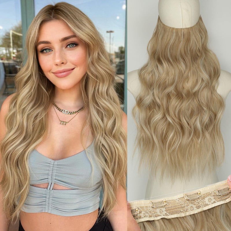 KooKaStyle Invisible Wire Hair Extensions with Transparent Wire Headband Adjustable Size 4 Secure Clips Long Wavy Synthetic Hairpiece for Women(20inch Beige Blonde mix Lvory Blonde Highlights) - Image 1