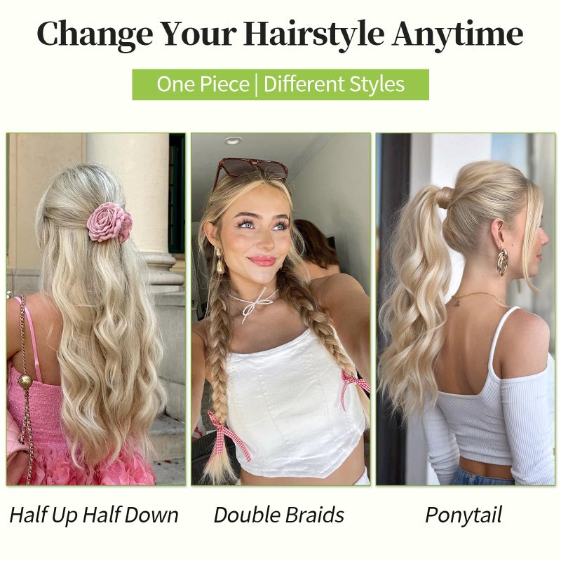 KooKaStyle Invisible Wire Hair Extensions with Transparent Wire Headband Adjustable Size 4 Secure Clips Long Wavy Synthetic Hairpiece for Women(20inch Beige Blonde mix Lvory Blonde Highlights) - Image 5