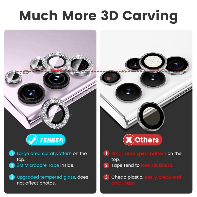 Tensea (3+2PCS for Samsung Galaxy S23 Ultra 5G Camera Lens Protector, 9H Tempered Glass Camera Cover Screen Protector Metal Individual Ring [Installation Tray][Removal tool][Case Friendly]- Glitter - Image 3