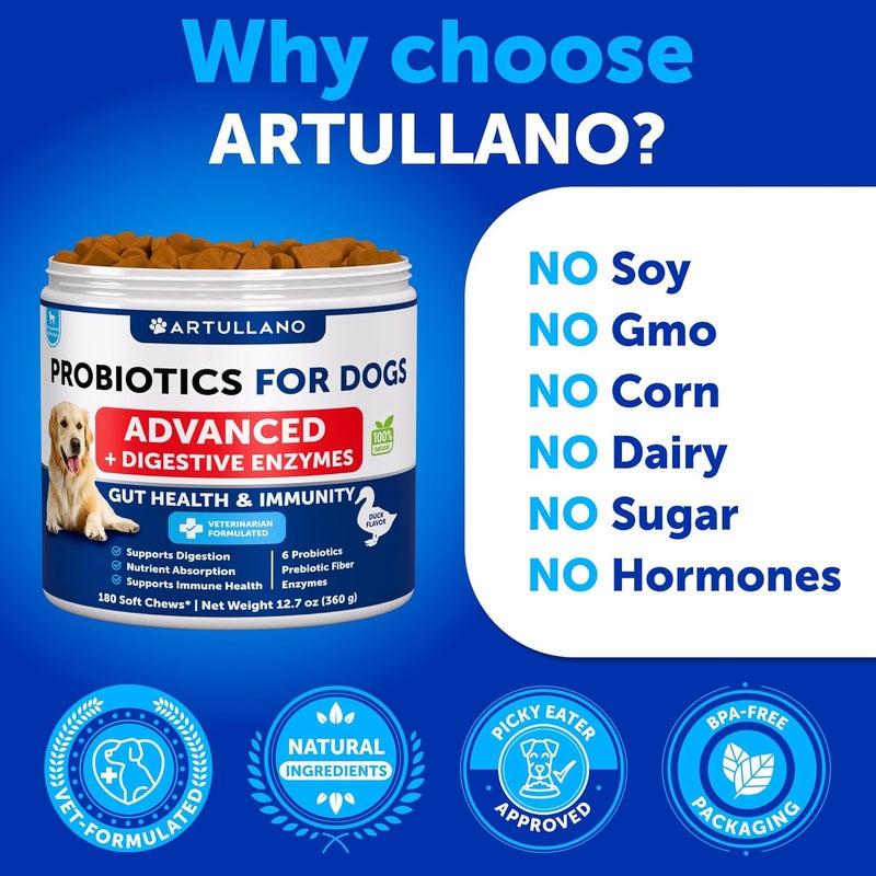 Artullano Probiotics for Dogs - Support Gut Health, Itchy Skin, Allergies, Immunity, Yeast Balance - Dog Probiotics and Digestive Enzymes with Prebiotics - Reduce Diarrhea, Gas - 180 Probiotic Chews for Dogs - Image 5