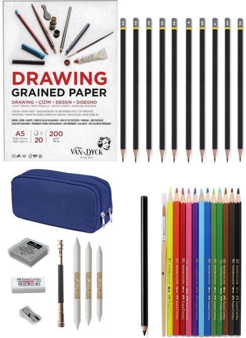 Van Dyck 200 gr A5 Sketchbook with Charcoal and Faber Water Color Crayon Drawing Sketch Set