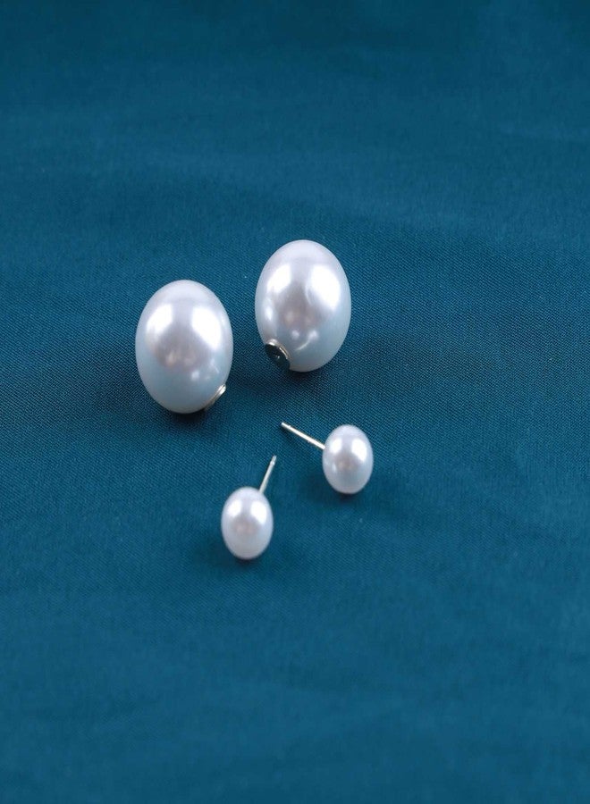 IRCOMULTI Boho White Pearl Ear Jacket Earrings Round Pearl Ear Studs Vintage Pearls Front Back Earring White Pearls Earrings Double-Sided Earring Jewelry for Women - Image 2