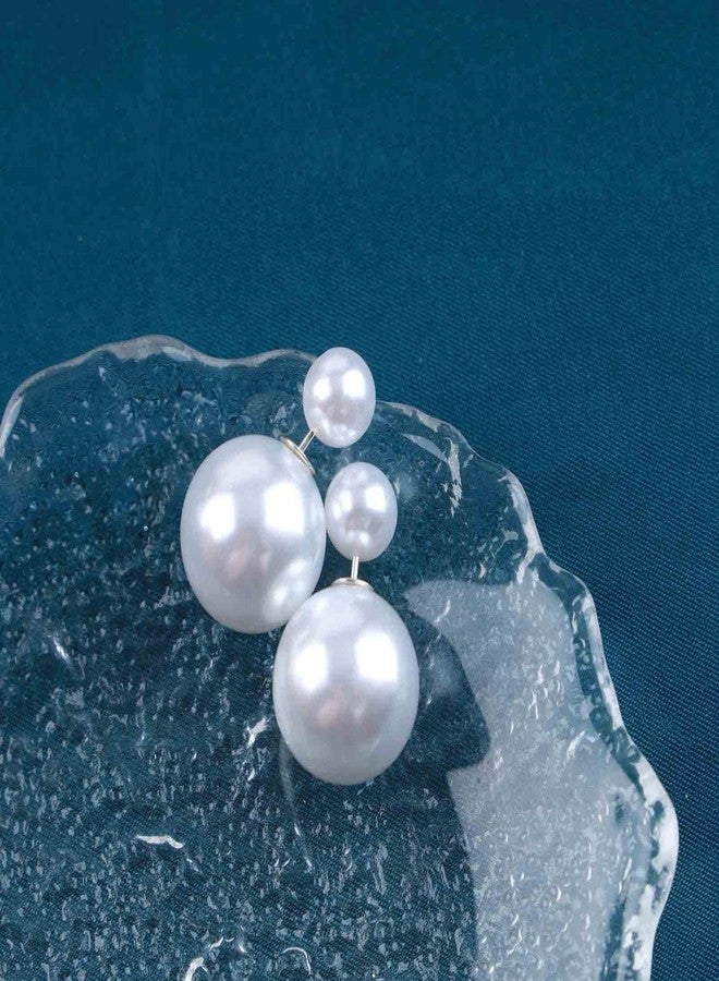 IRCOMULTI Boho White Pearl Ear Jacket Earrings Round Pearl Ear Studs Vintage Pearls Front Back Earring White Pearls Earrings Double-Sided Earring Jewelry for Women - Image 4