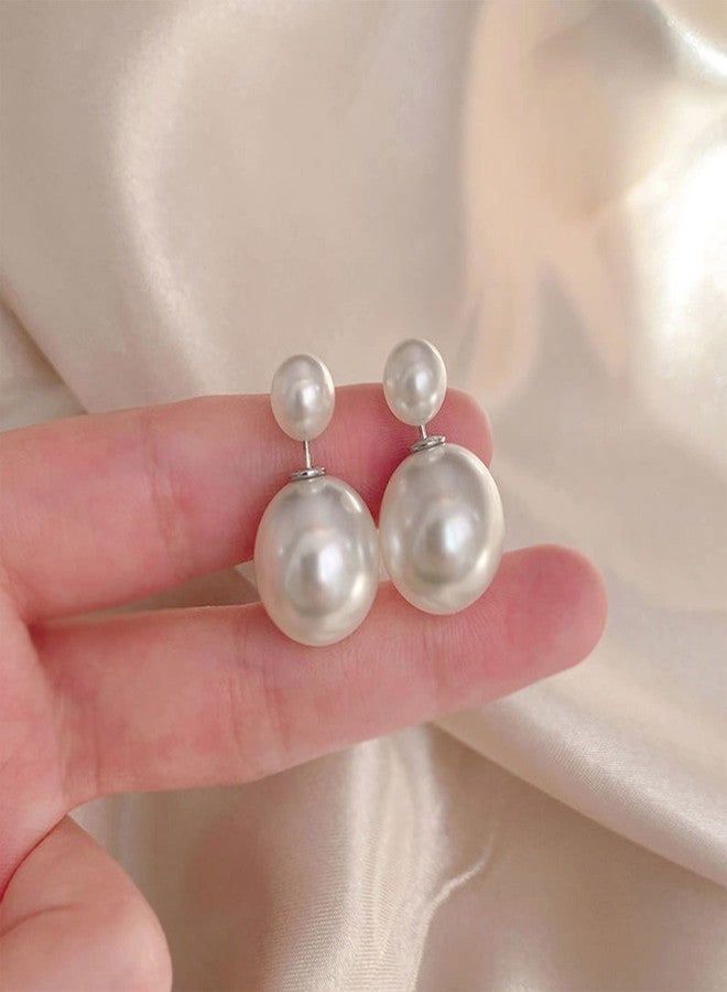 IRCOMULTI Boho White Pearl Ear Jacket Earrings Round Pearl Ear Studs Vintage Pearls Front Back Earring White Pearls Earrings Double-Sided Earring Jewelry for Women - Image 5