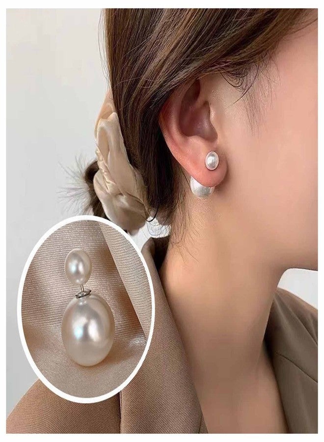 IRCOMULTI Boho White Pearl Ear Jacket Earrings Round Pearl Ear Studs Vintage Pearls Front Back Earring White Pearls Earrings Double-Sided Earring Jewelry for Women - Image 3