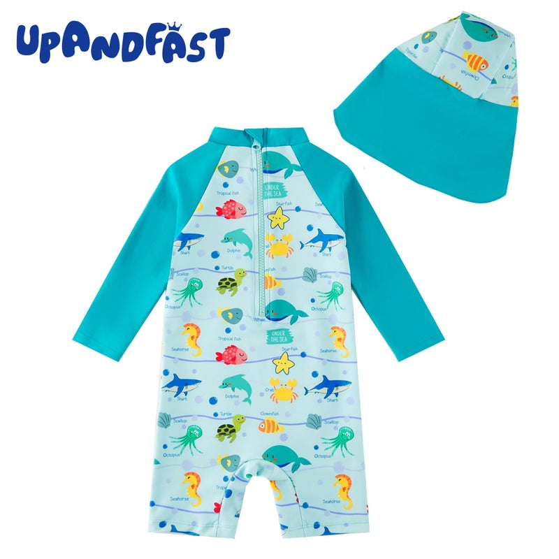 upandfast Baby/Toddler Swimsuit UPF 50+ Sun Protection One Piece Zipper Bathing Suit with Sun Hat Infant Beach Swimwear (Marine Life,6-9 Months) - Image 2