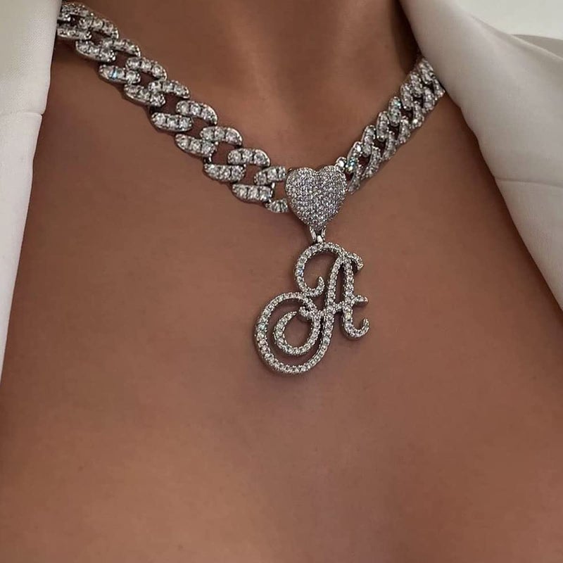 BLBLJERY A Initial Necklaces Silver Cuban Link Chain for Women Iced Out Chain with Heart Letter Pendants Custom Chain Name Necklace Hip Hop Jewelry Gift - Image 3