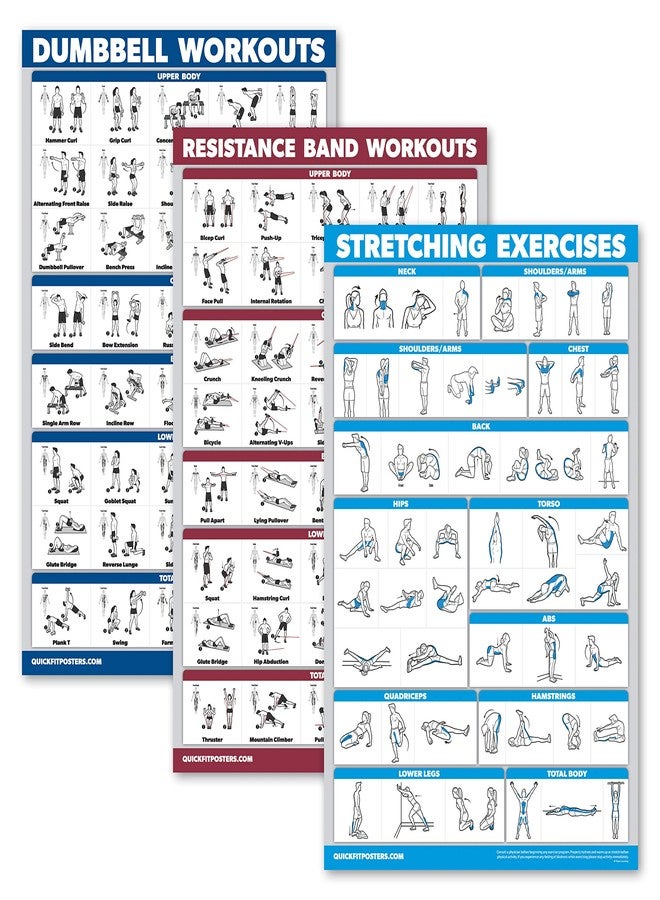 Palace Learning 3 Pack, Dumbbell Exercise Poster + Resistance Bands Workouts + Stretching Exercises - Set of 3 Workout Charts (LAMINATED, 18" x 24") - Image 1