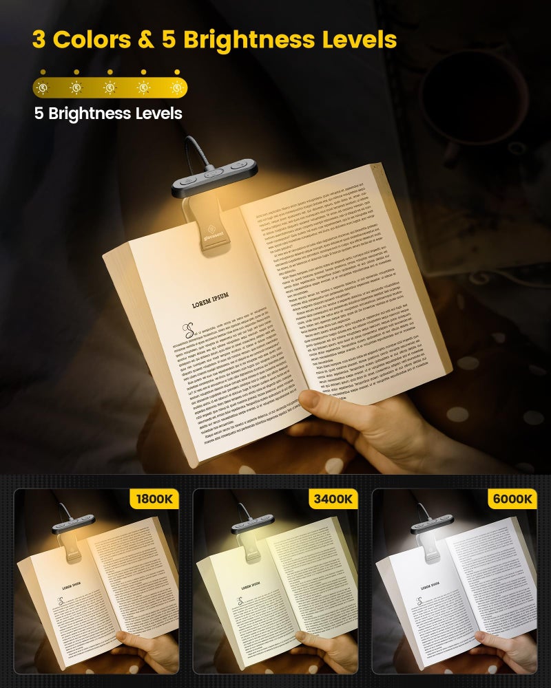 Glocusent Horizontal ET-Head Book Light for Reading in Bed, Eye Caring, CRI 95, 3 Colors & 5 Brightness, Rechargeable Long Lasting Reading Light, 1.8Oz Lightweight & Portable, Perfect for Book Lovers - Image 3