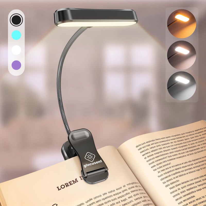 Glocusent Horizontal ET-Head Book Light for Reading in Bed, Eye Caring, CRI 95, 3 Colors & 5 Brightness, Rechargeable Long Lasting Reading Light, 1.8Oz Lightweight & Portable, Perfect for Book Lovers - Image 1