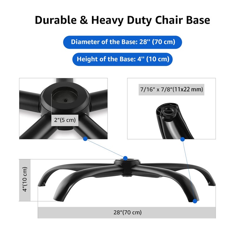 MASTERY MART Heavy Duty Office Chair Base Replacement, 2500 Lbs, 28"(70 cm), Metal Desk Chair Base Replacement Parts with Universal Gas Cylinder Hole and Casters Sockets, Matte Black - Image 2
