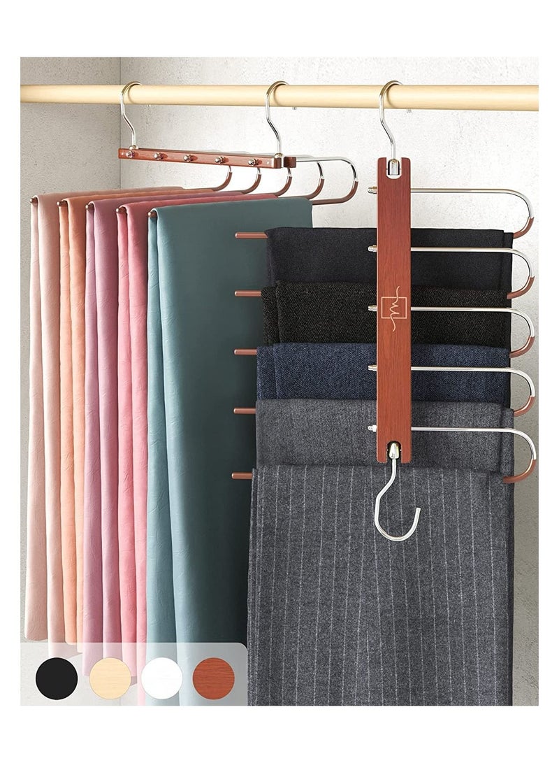 MahMir MahMir Magic Pants Hangers Space Saving Closet Hangers 5 Layers Multi Functional Pants Rack Solid Metal & Wood Heavy Duty Wardrobe Organizer Racks for Clothes Trousers Scarves Ties 2Pack Cherry  - Image 1