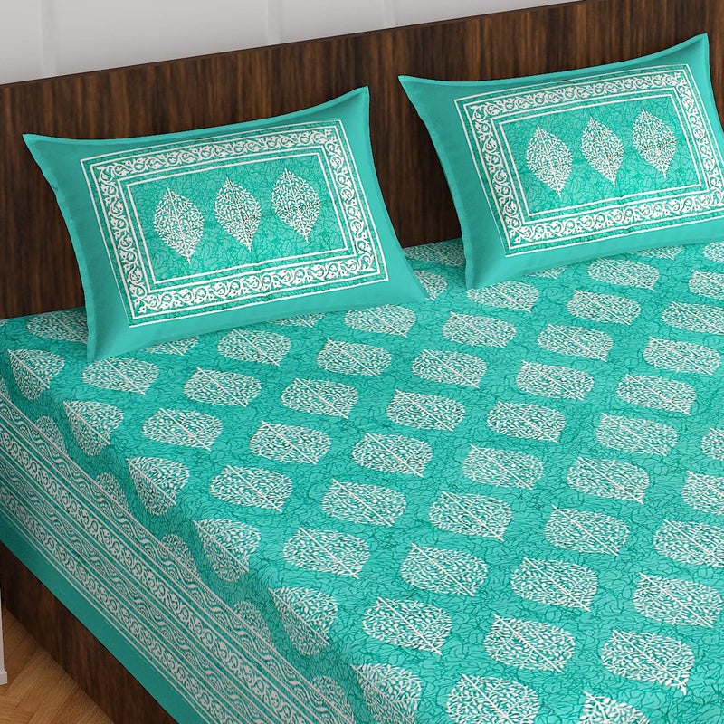Monique Premium 100 Cotton Rajasthani Jaipuri Traditional Queen Size Double Bedsheet with 2 King Size Pillow Covers BUTABATIKSea Green - Image 1