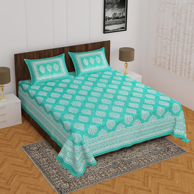 Monique Premium 100 Cotton Rajasthani Jaipuri Traditional Queen Size Double Bedsheet with 2 King Size Pillow Covers BUTABATIKSea Green - Image 2