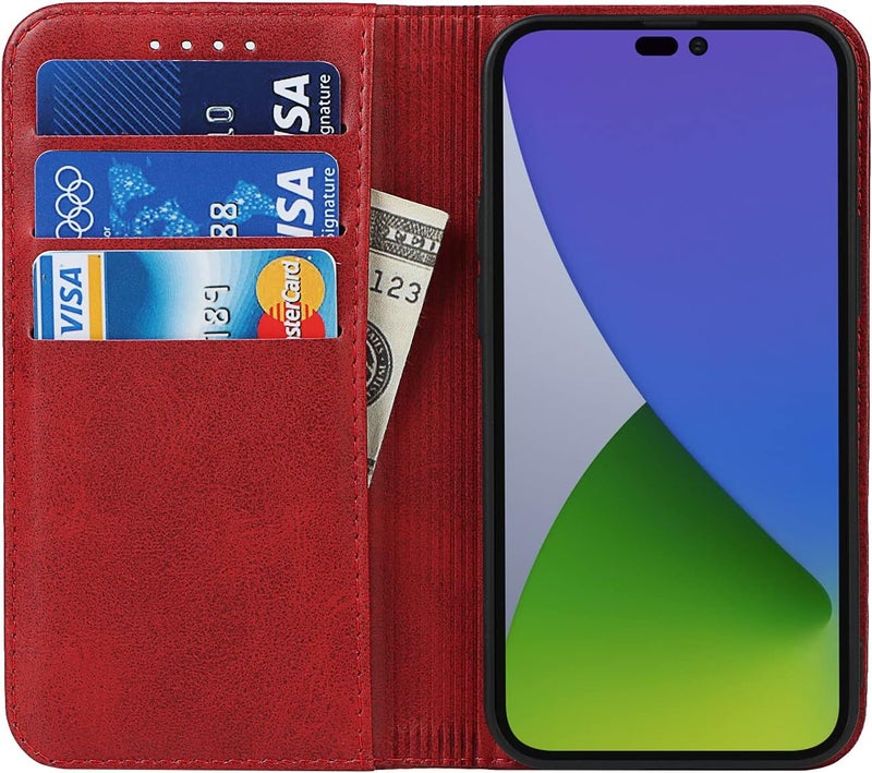 آي كوفر كايس حافظة لهاتف iPhone 15 Pro Max مع حامل بطاقات، من الجلد PU مع خاصية الحامل المغناطيسي، مقاومة للصدمات، غطاء قابل للطي - أحمر - Image 2
