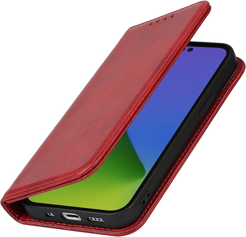 آي كوفر كايس حافظة لهاتف iPhone 15 Pro Max مع حامل بطاقات، من الجلد PU مع خاصية الحامل المغناطيسي، مقاومة للصدمات، غطاء قابل للطي - أحمر - Image 5