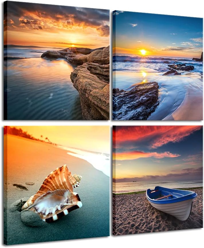 Pyradecor Large Sunset Sea Beach Modern Seascape Pictures Paintings on Canvas Wall Art 4 Panels Giclee Prints Artwork for Living Room Bedroom Home Office Decorations - Image 1