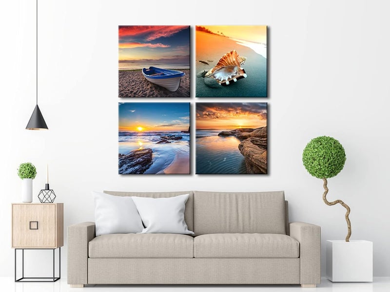 Pyradecor Large Sunset Sea Beach Modern Seascape Pictures Paintings on Canvas Wall Art 4 Panels Giclee Prints Artwork for Living Room Bedroom Home Office Decorations - Image 2