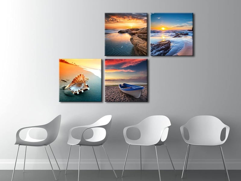 Pyradecor Large Sunset Sea Beach Modern Seascape Pictures Paintings on Canvas Wall Art 4 Panels Giclee Prints Artwork for Living Room Bedroom Home Office Decorations - Image 3