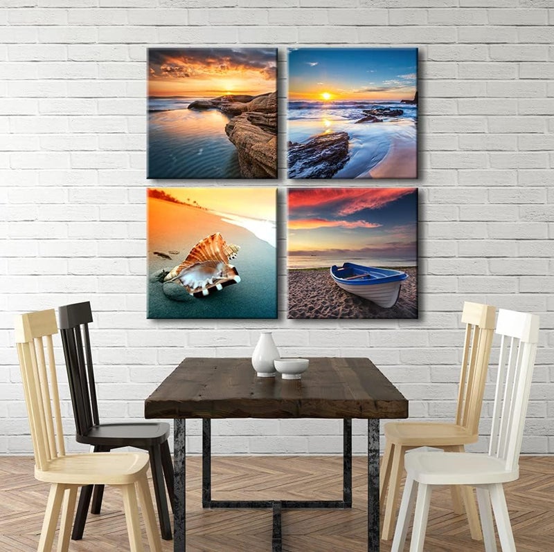 Pyradecor Large Sunset Sea Beach Modern Seascape Pictures Paintings on Canvas Wall Art 4 Panels Giclee Prints Artwork for Living Room Bedroom Home Office Decorations - Image 4