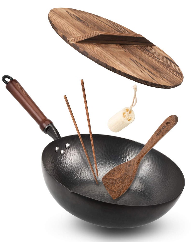 BIELMEIER Wok Pan 125 Stir Fry Pan with Lid Gloves Cookware Accessories Carbon Steel Suitable for All Stoves Flat Bottom