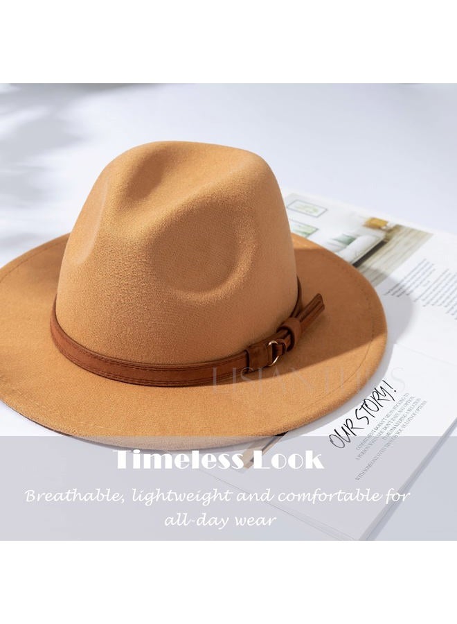 Lisianthus Men & Women Vintage Wide Brim Fedora Hat with Belt Buckle Camel 56-58cm - Image 5