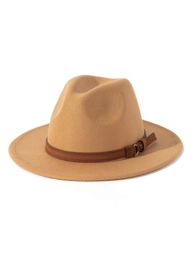 Lisianthus Men & Women Vintage Wide Brim Fedora Hat with Belt Buckle Camel 56-58cm - Image 1