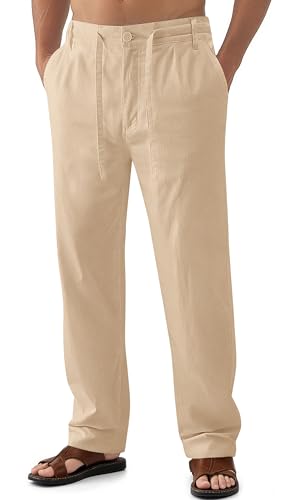 Janmid Men Casual Beach Trousers Linen Summer Pants (Dark Khaki, M) - Image 1