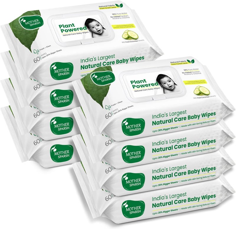 Mother Sparsh Plant Powered Natural Care Baby Wipes - 60 Pcs (Pack of 8) - Cucumber Extract - Image 1