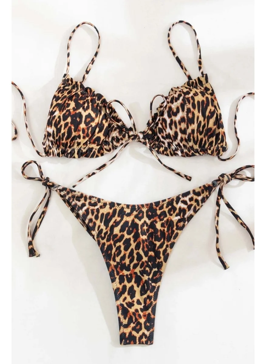 Angelsin Leopard Patterned String Design Tie Bikini Top