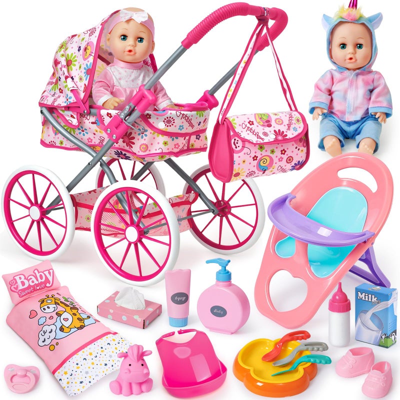Golray 12 in Baby Doll Toys Set with Stroller for 3 4 5 6 Year Old Girl  26pcs Babydoll with Accessories Quilt PillowHighchair2 Clothes Feeding Nursing Pretend Play Toddler Girl Toy Gift 357 - Image 3