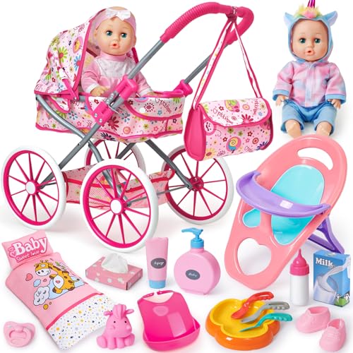 Golray 12 in Baby Doll Toys Set with Stroller for 3 4 5 6 Year Old Girl  26pcs Babydoll with Accessories Quilt PillowHighchair2 Clothes Feeding Nursing Pretend Play Toddler Girl Toy Gift 357 - Image 1